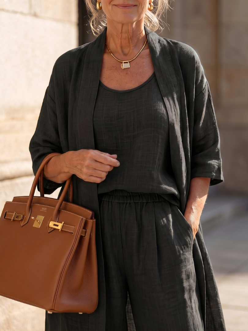 Ensembles Lin Femme | Trois Pièces avec Cardigan et Pantalon Large