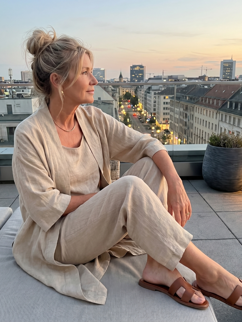 Ensembles Lin Femme | Trois Pièces avec Cardigan et Pantalon Large