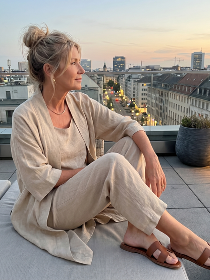 Ensembles Lin Femme | Trois Pièces avec Cardigan et Pantalon Large
