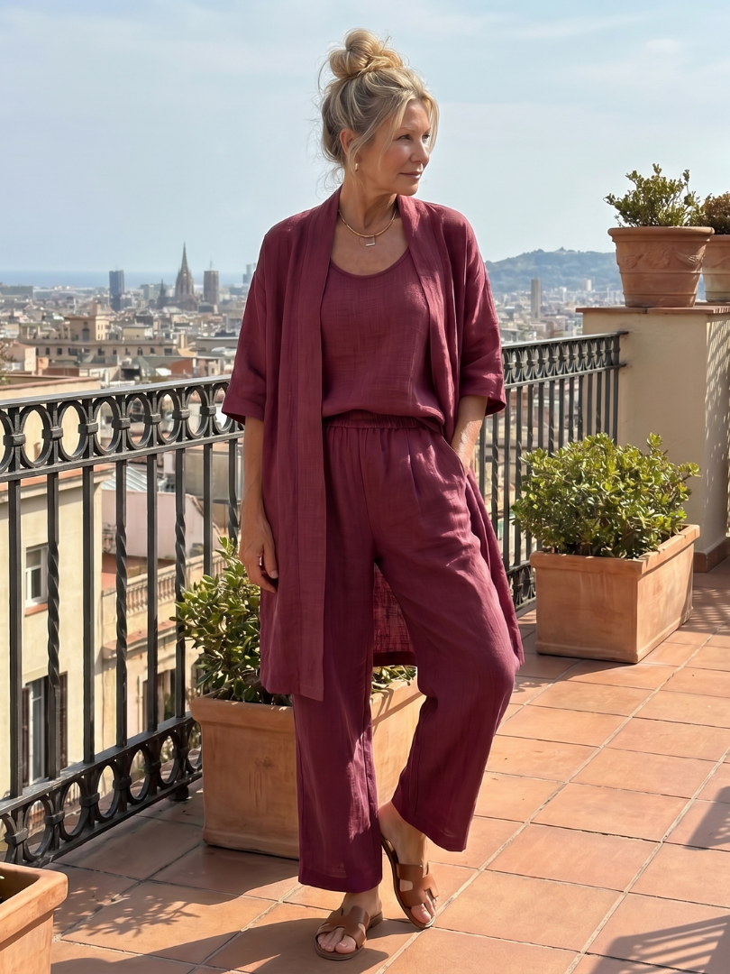 Ensembles Lin Femme | Trois Pièces avec Cardigan et Pantalon Large