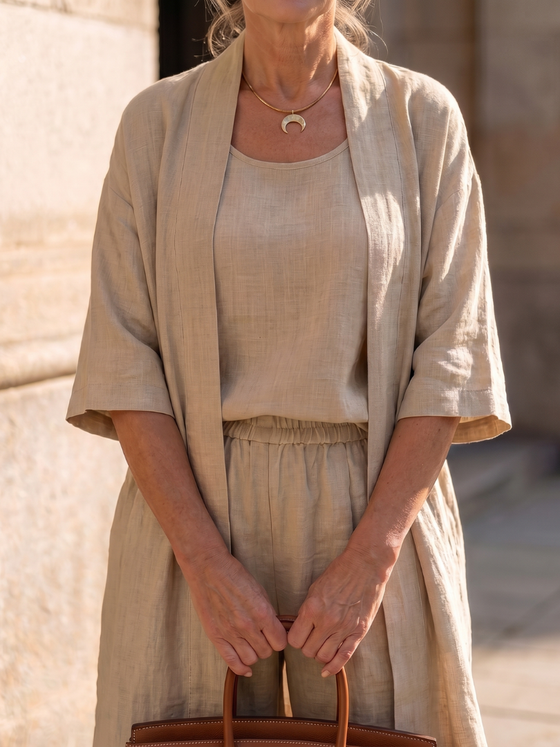 Ensembles Lin Femme | Trois Pièces avec Cardigan et Pantalon Large
