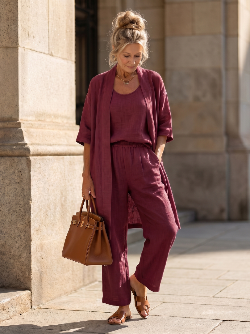 Ensembles Lin Femme | Trois Pièces avec Cardigan et Pantalon Large
