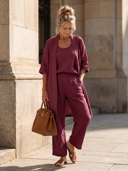 Ensembles Lin Femme | Trois Pièces avec Cardigan et Pantalon Large
