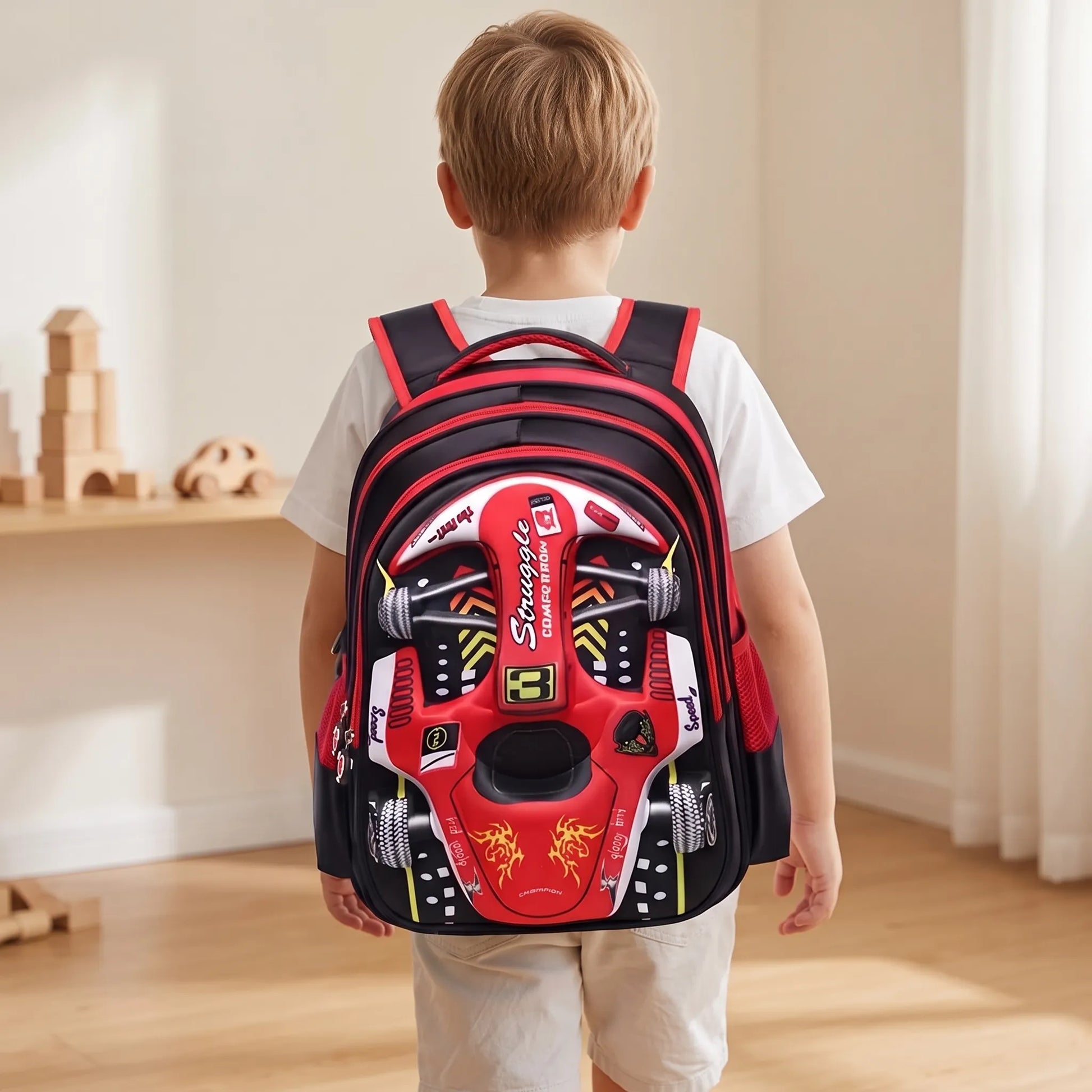 Sac à dos scolaire | Design 3D voiture de course, enfants | Vert, bleu, rouge