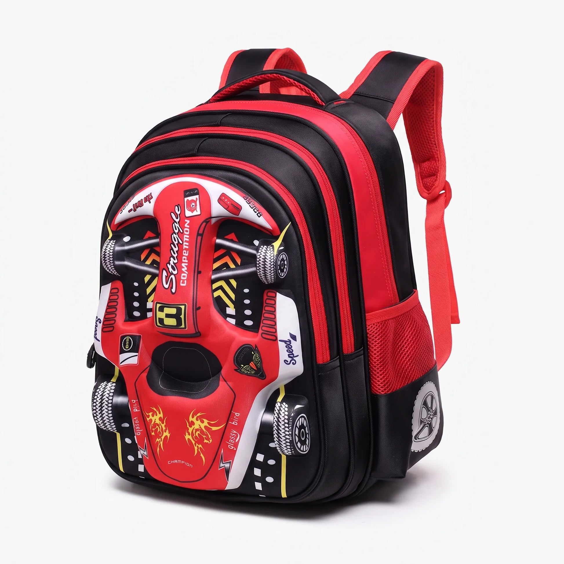 Sac à dos scolaire | Design 3D voiture de course, enfants | Vert, bleu, rouge