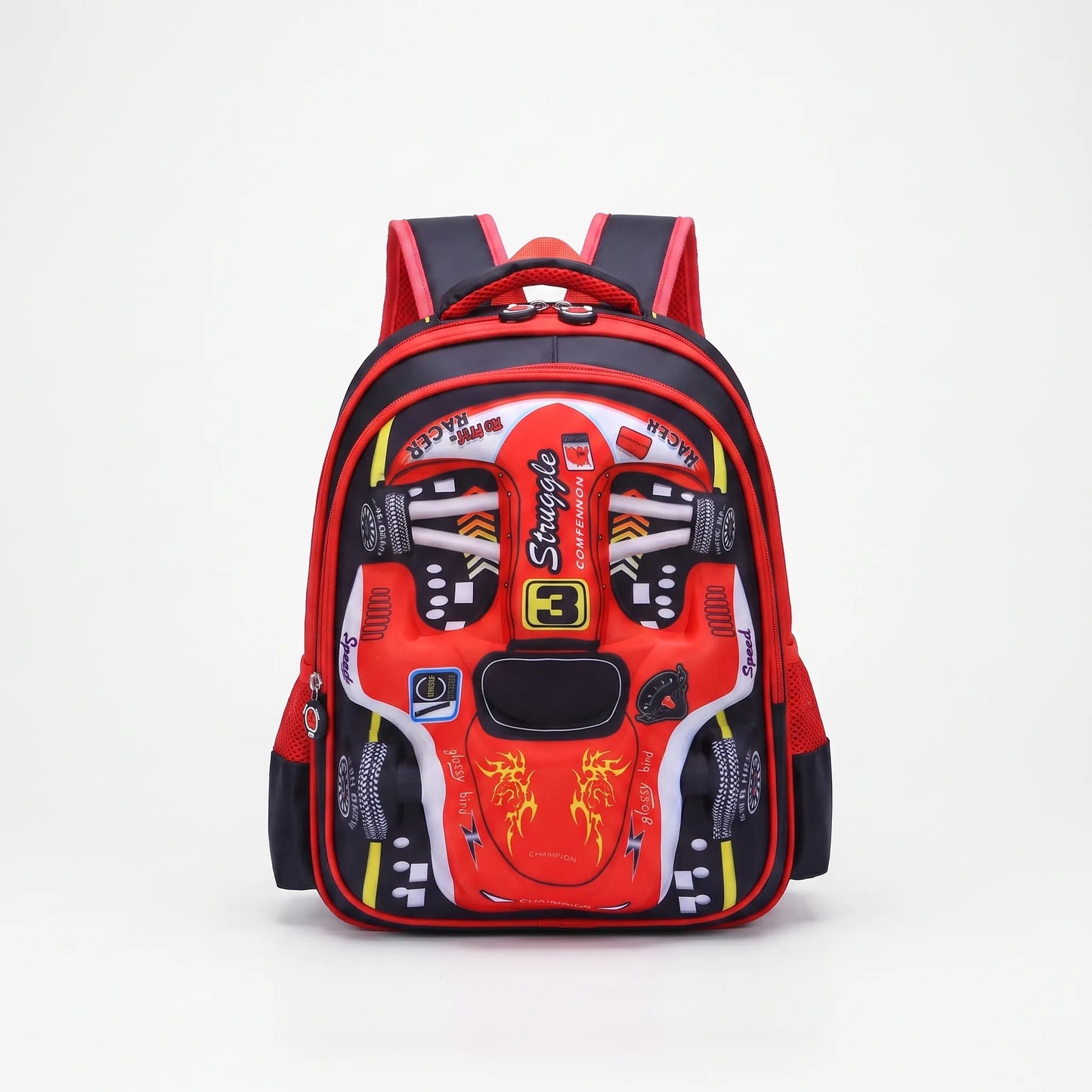 Sac à dos scolaire | Design 3D voiture de course, enfants | Vert, bleu, rouge