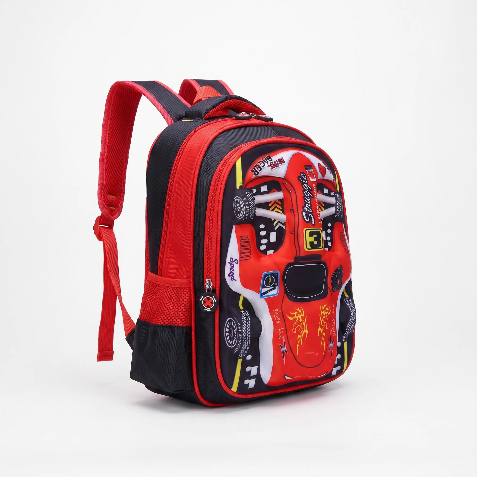 Sac à dos scolaire | Design 3D voiture de course, enfants | Vert, bleu, rouge