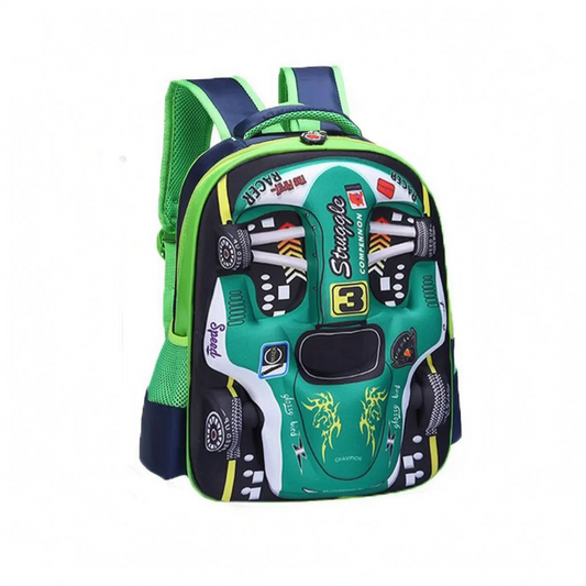 Sac à dos scolaire | Design 3D voiture de course, enfants | Vert, bleu, rouge