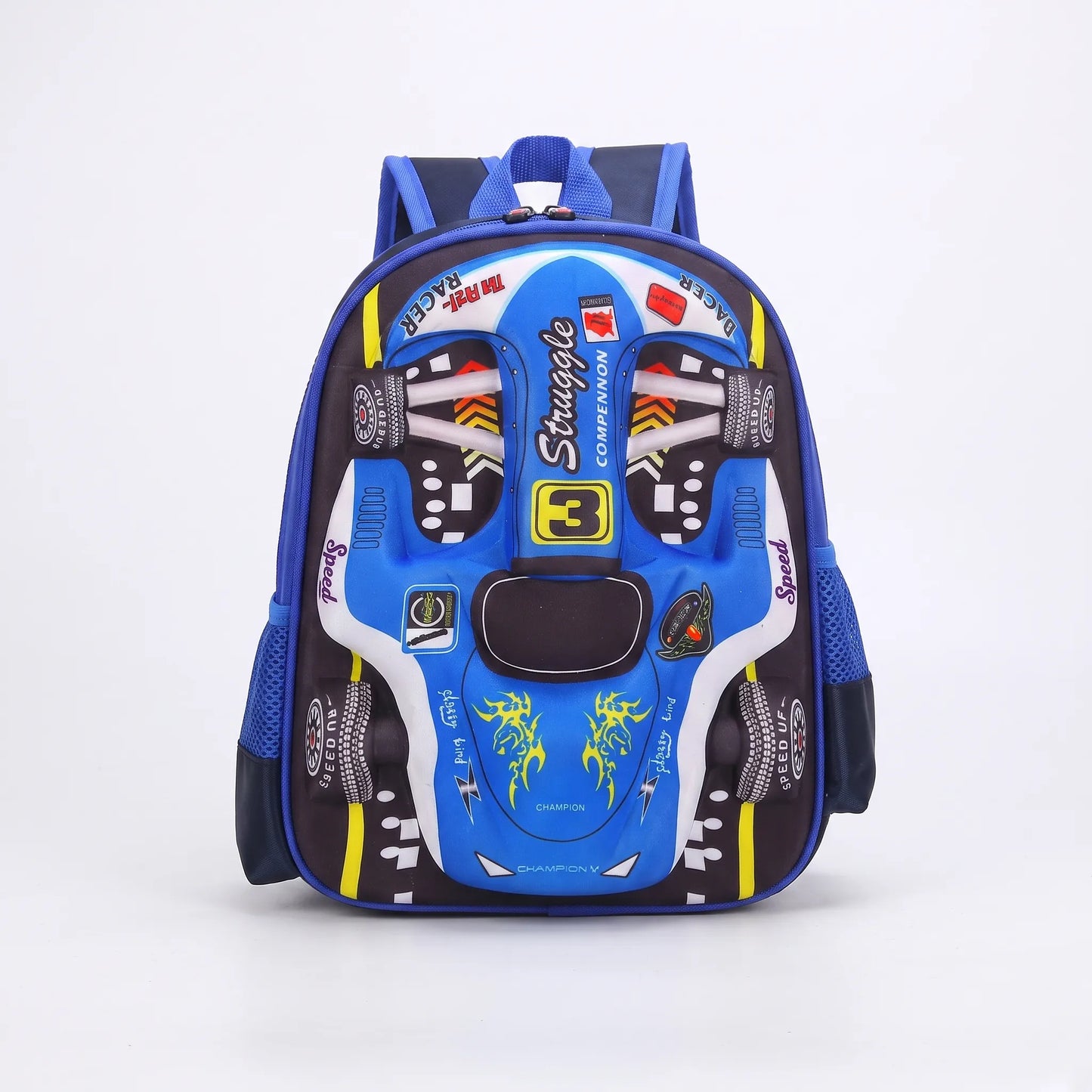 Sac à dos scolaire | Design 3D voiture de course, enfants | Vert, bleu, rouge