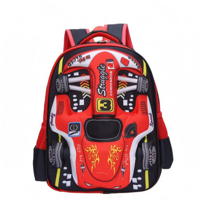 Sac à dos scolaire | Design 3D voiture de course, enfants | Vert, bleu, rouge