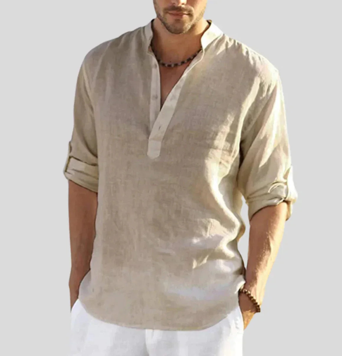 Chemise en lin pour hommes | Manches longues, col droit | Chemise d'été respirante