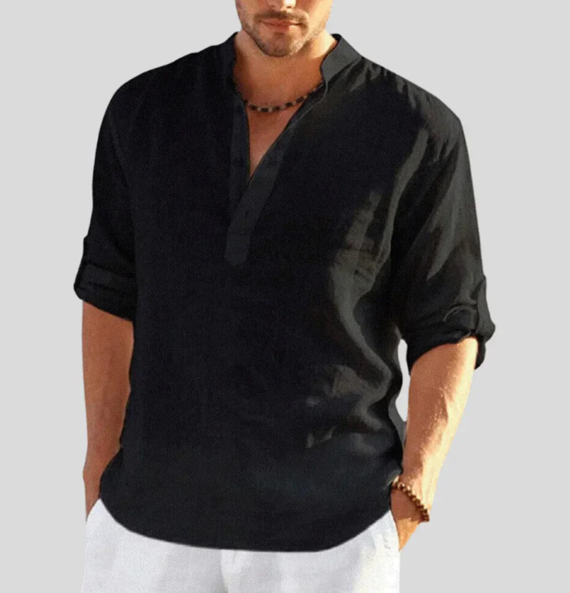 Chemise en lin pour hommes | Manches longues, col droit | Chemise d'été respirante