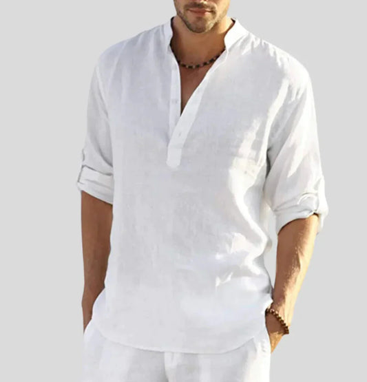 Chemise en lin pour hommes | Manches longues, col droit | Chemise d'été respirante