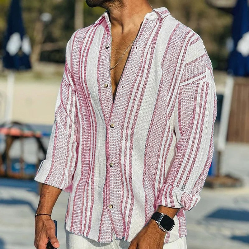 Chemise rayée pour hommes | Mélange de lin, manches longues | Chemise légère à boutons