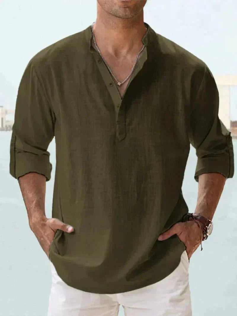 Chemise Henley pour homme | Mélange de lin, manches longues | Col montant, fermeture demi-boutonnée