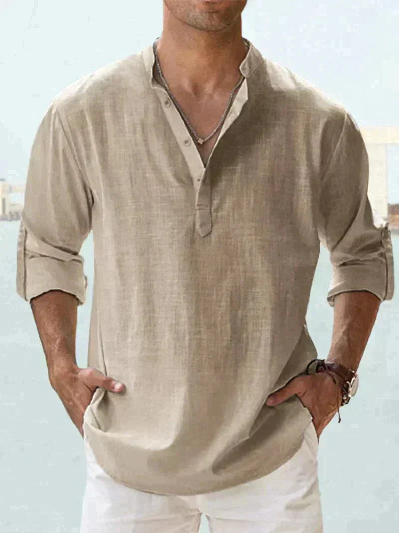 Chemise Henley pour homme | Mélange de lin, manches longues | Col montant, fermeture demi-boutonnée