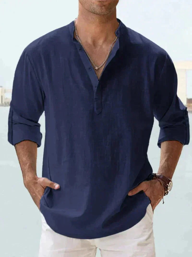 Chemise Henley pour homme | Mélange de lin, manches longues | Col montant, fermeture demi-boutonnée