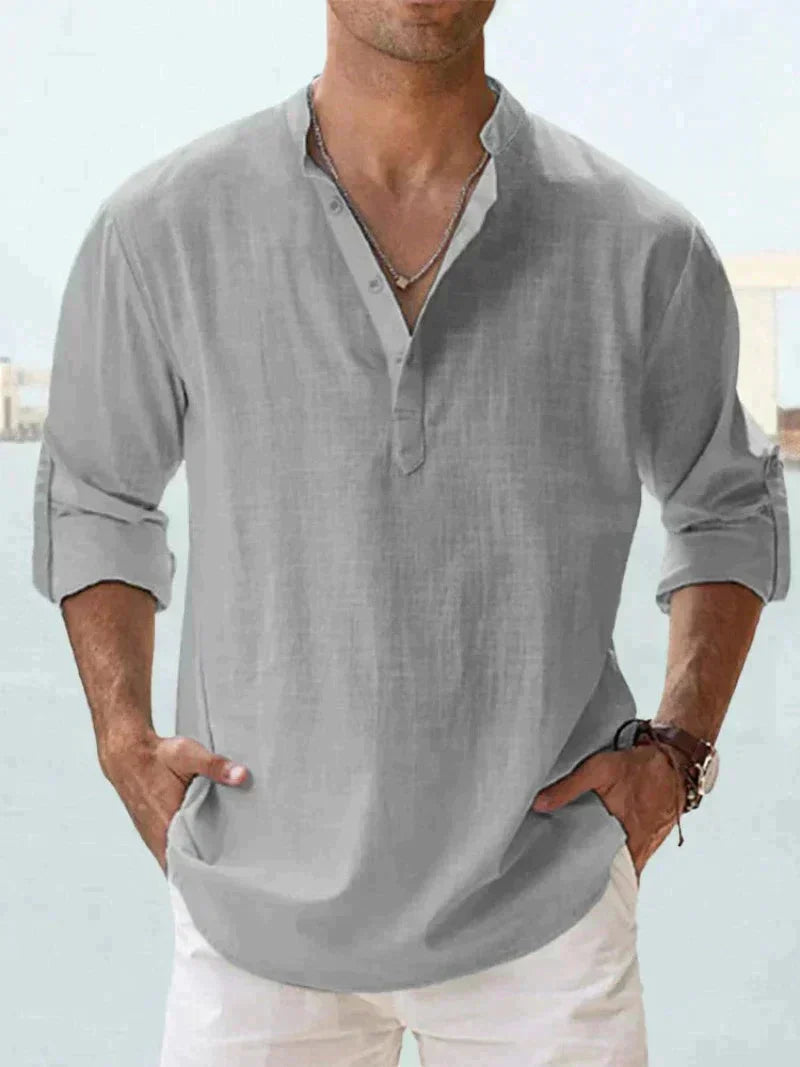Chemise Henley pour homme | Mélange de lin, manches longues | Col montant, fermeture demi-boutonnée