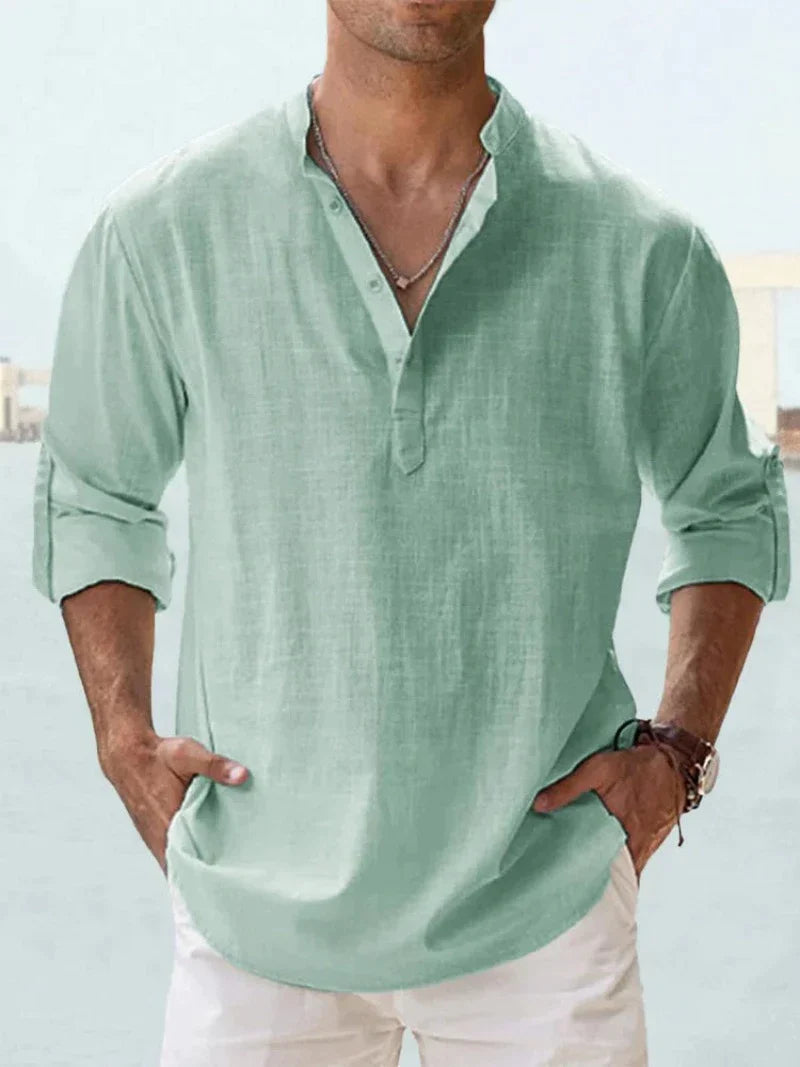 Chemise Henley pour homme | Mélange de lin, manches longues | Col montant, fermeture demi-boutonnée