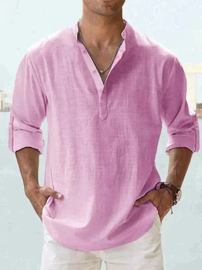 Chemise Henley pour homme | Mélange de lin, manches longues | Col montant, fermeture demi-boutonnée