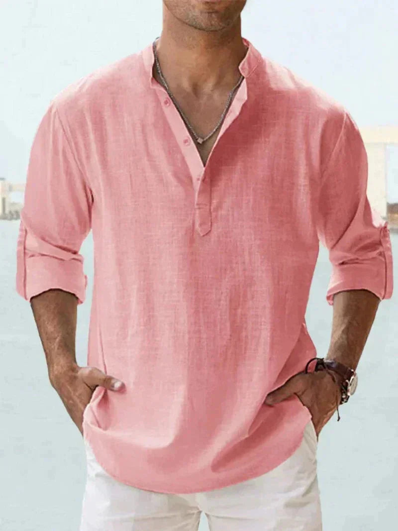 Chemise Henley pour homme | Mélange de lin, manches longues | Col montant, fermeture demi-boutonnée