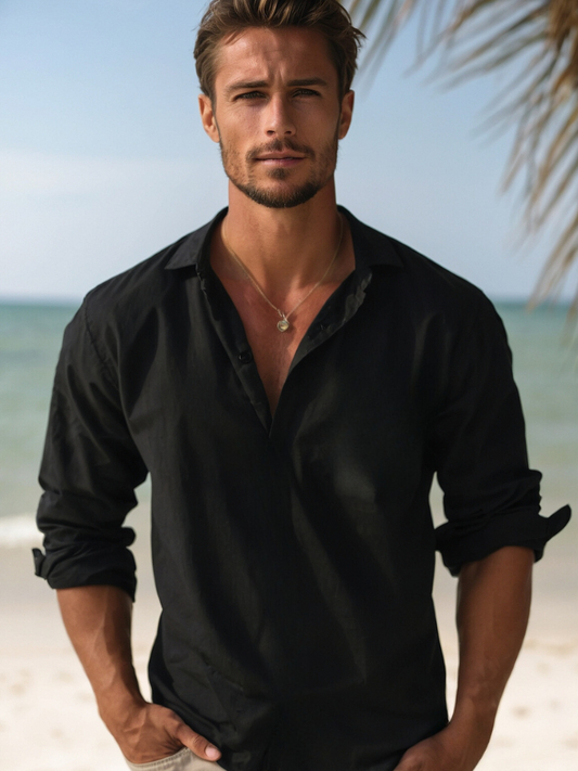 Chemise Henley pour homme | Mélange de lin, manches longues | Col montant, fermeture demi-boutonnée