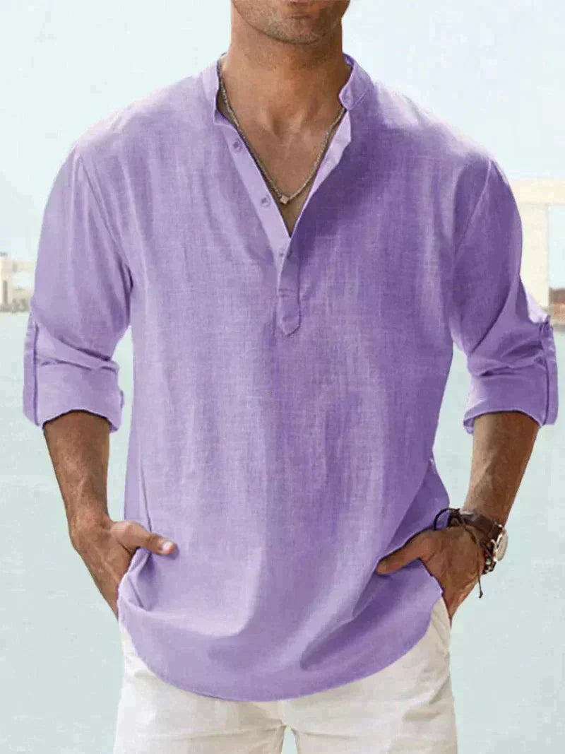 Chemise Henley pour homme | Mélange de lin, manches longues | Col montant, fermeture demi-boutonnée