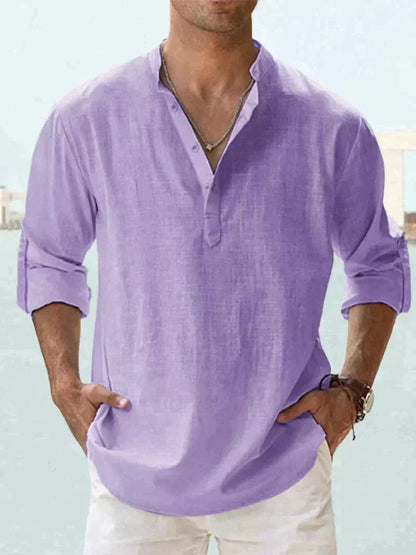 Chemise Henley pour homme | Mélange de lin, manches longues | Col montant, fermeture demi-boutonnée