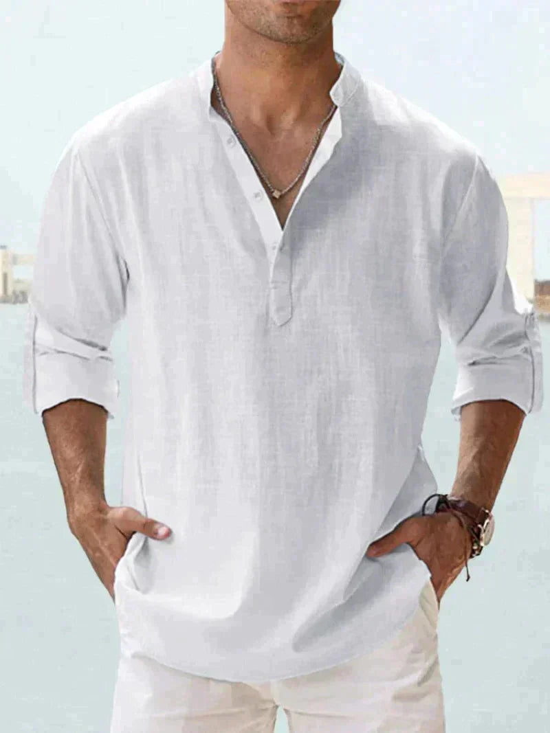 Chemise Henley pour homme | Mélange de lin, manches longues | Col montant, fermeture demi-boutonnée