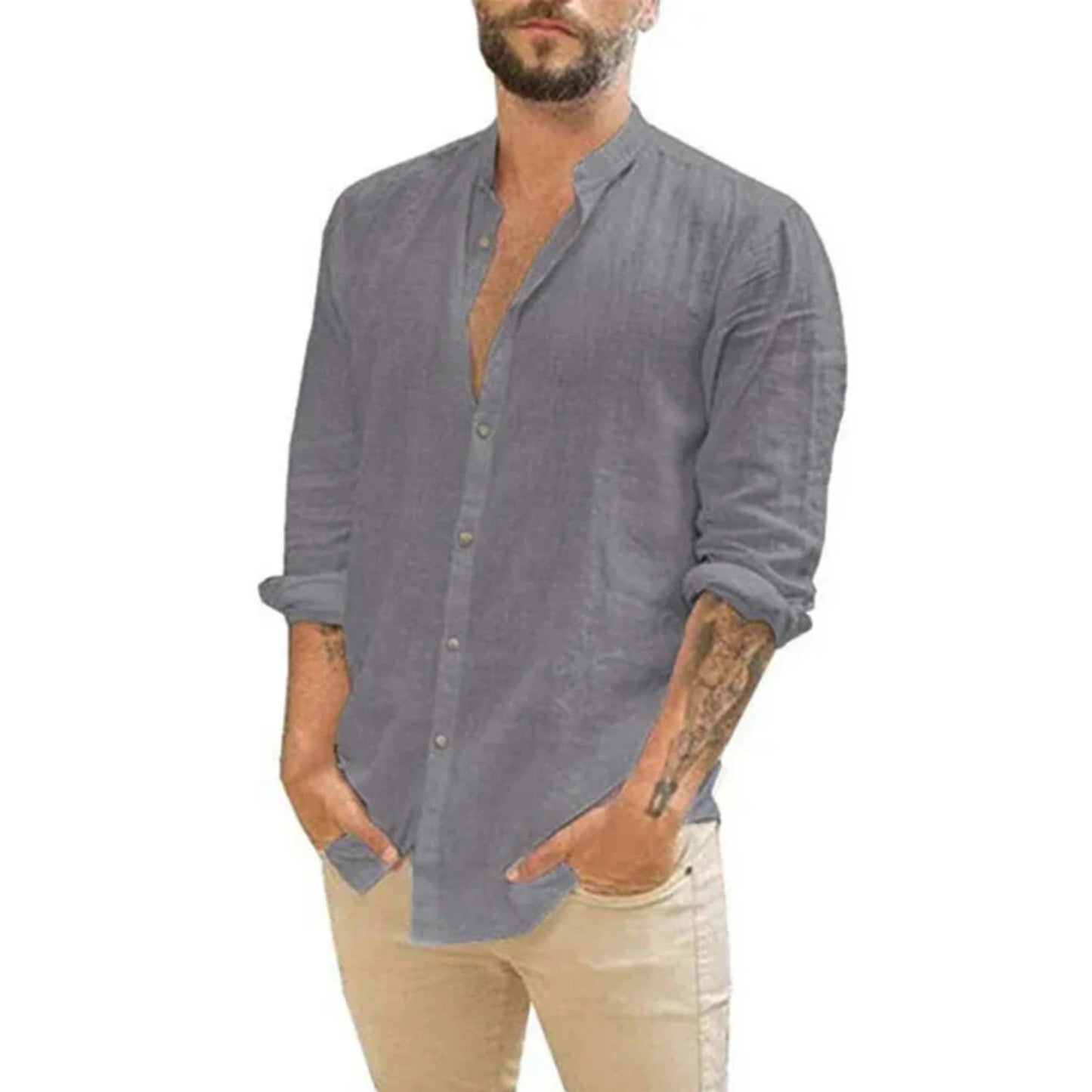 Chemise col classique pour homme | Mélange de lin, boutonnée | Chemise décontractée légère