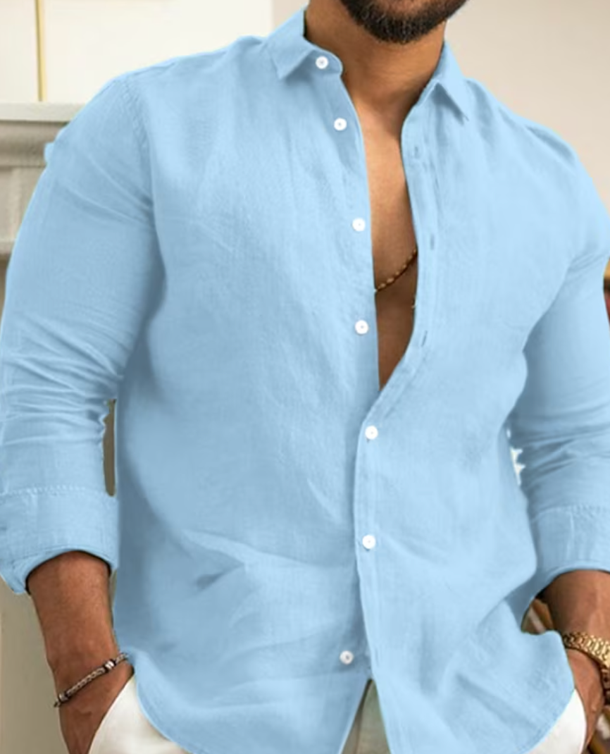 Chemise à col pour hommes | Mélange de lin, boutonnée | Légère, respirante