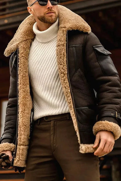 Veste aviateur homme en cuir doublure sherpa col large