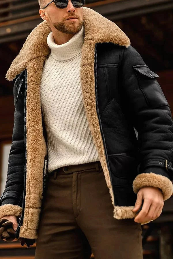 Veste aviateur homme en cuir doublure sherpa col large