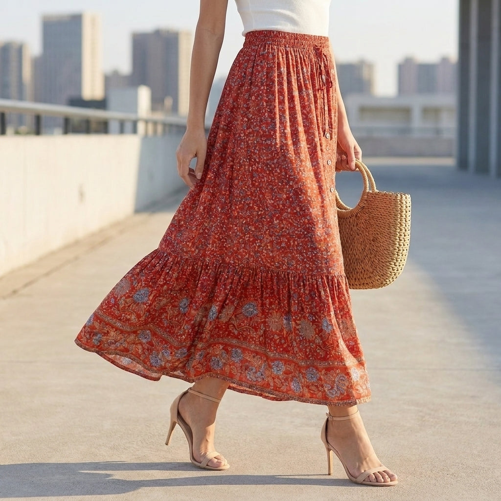 Jupe Maxi Femme | Motif Floral Bohème, Ourlet Superposé