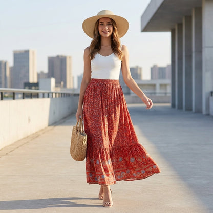 Jupe Maxi Femme | Motif Floral Bohème, Ourlet Superposé