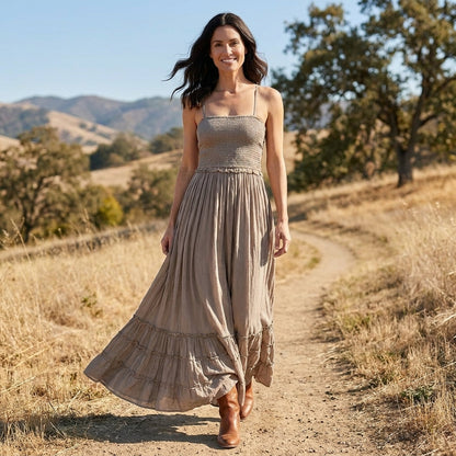 Robe Maxi | Dos Ouvert, Smocké | Style Bohème Estival