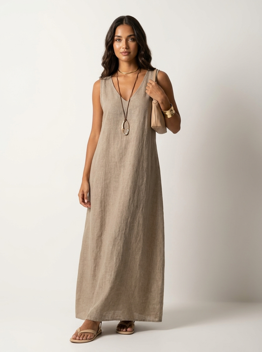 Robe Longue Femme Lin | Sans Manches Été | Encolure V
