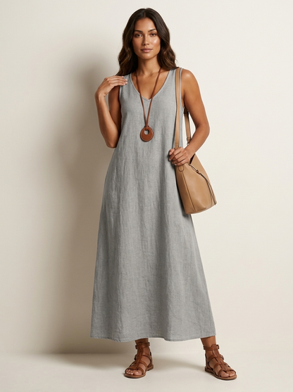 Robe Longue Femme Lin | Sans Manches Été | Encolure V