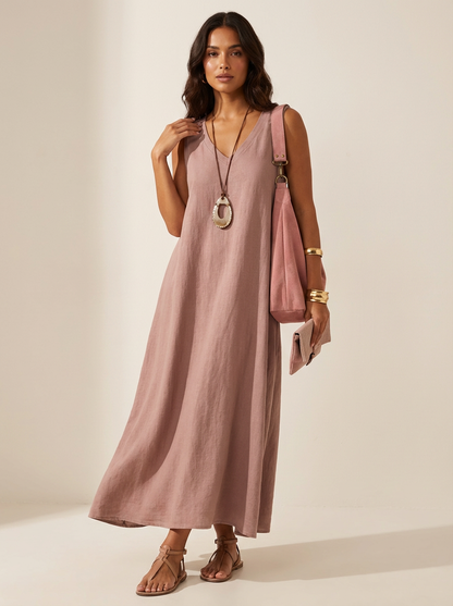 Robe Longue Femme Lin | Sans Manches Été | Encolure V