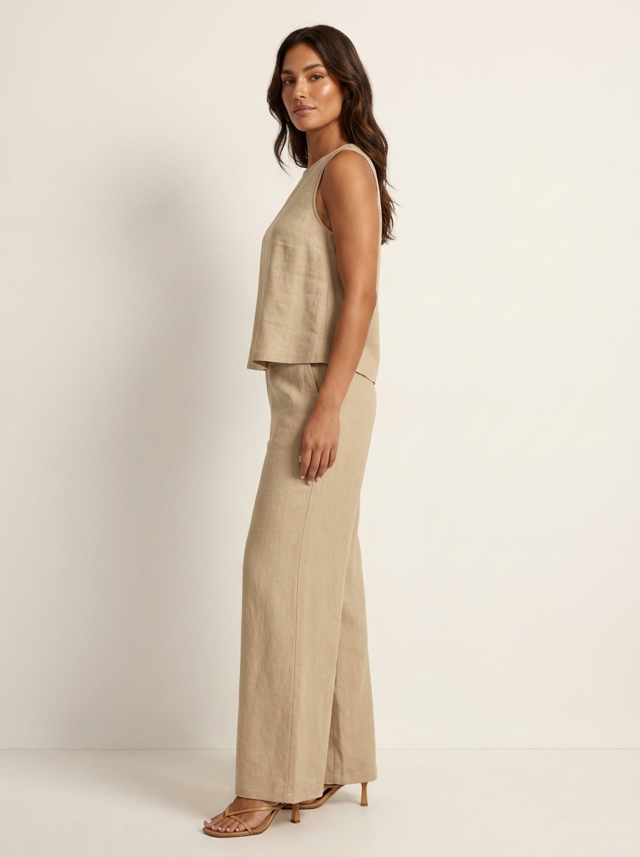 Ensemble Femme Lin | Pantalon Jambe Large, Haut Sans Manches | Respirant