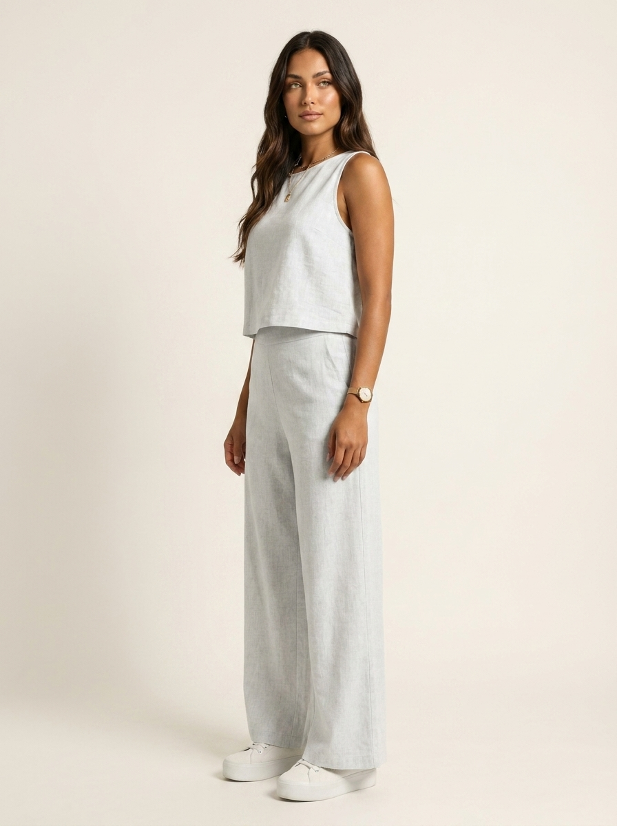 Ensemble Femme Lin | Pantalon Jambe Large, Haut Sans Manches | Respirant