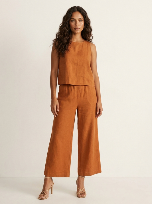 Ensemble Femme Lin | Pantalon Jambe Large, Haut Sans Manches | Respirant