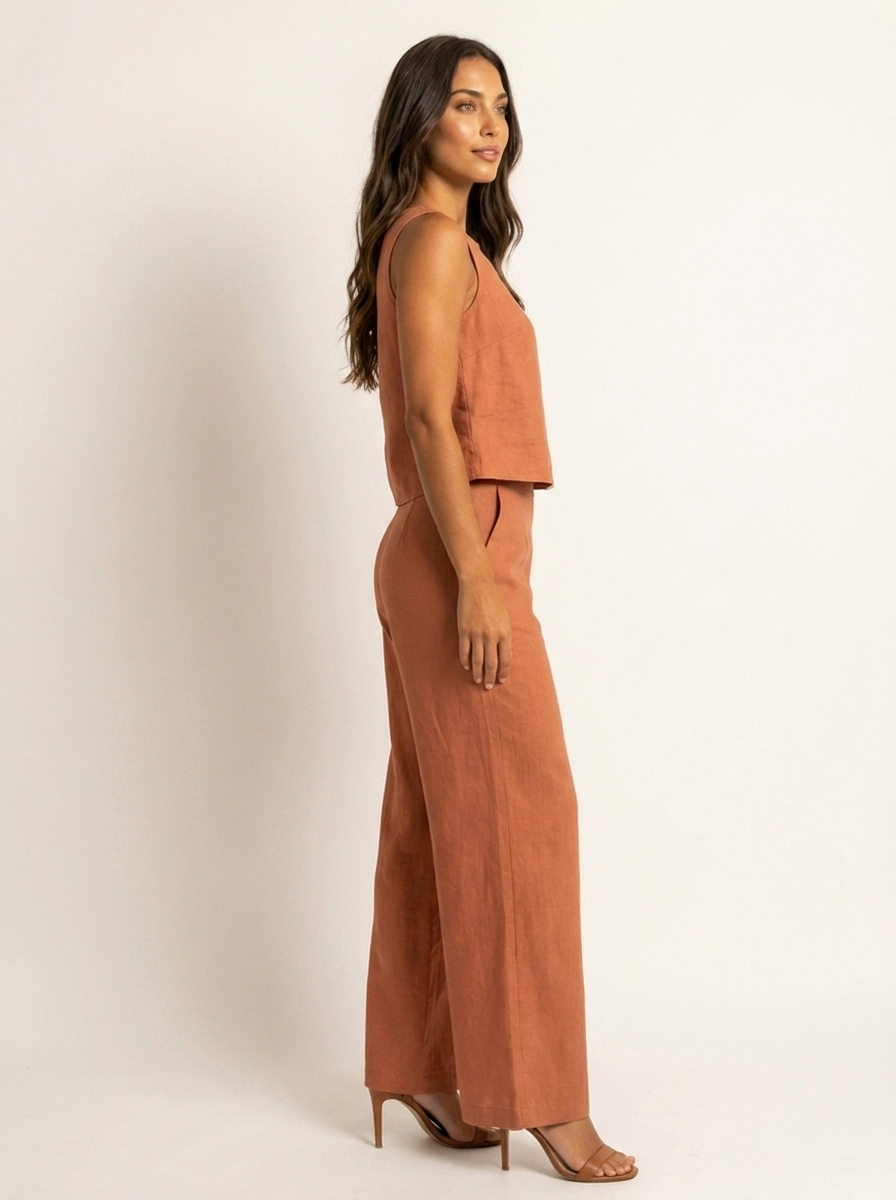 Ensemble Femme Lin | Pantalon Jambe Large, Haut Sans Manches | Respirant