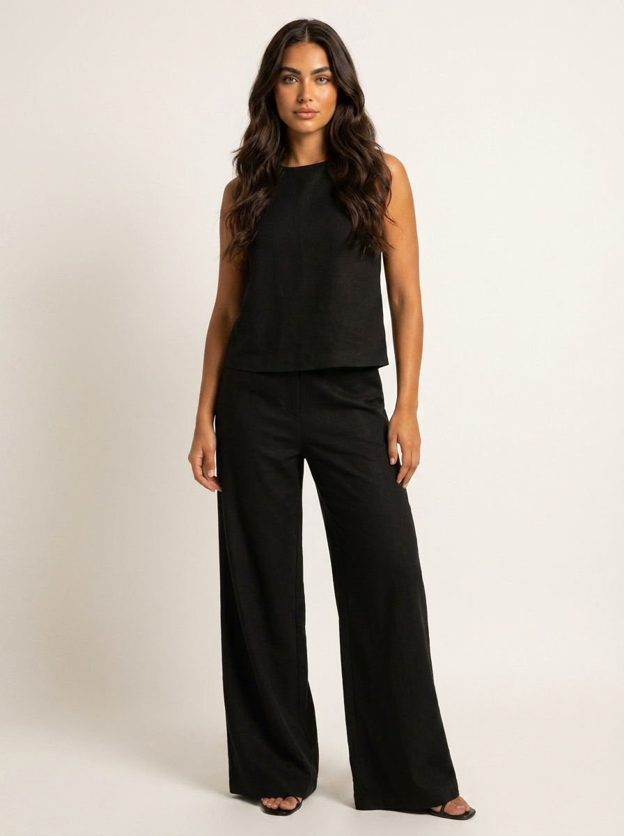 Ensemble Femme Lin | Pantalon Jambe Large, Haut Sans Manches | Respirant
