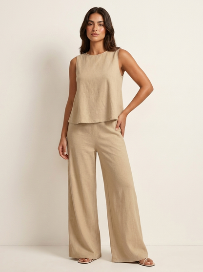 Ensemble Femme Lin | Pantalon Jambe Large, Haut Sans Manches | Respirant