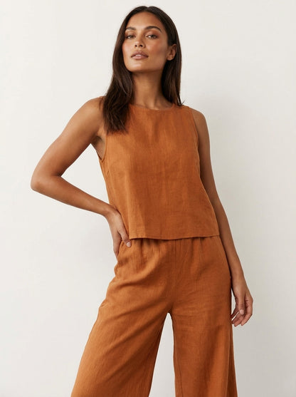Ensemble Femme Lin | Pantalon Jambe Large, Haut Sans Manches | Respirant