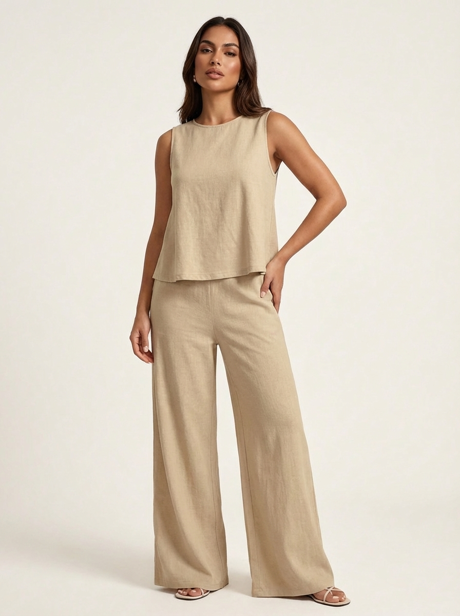 Ensemble Femme Lin | Pantalon Jambe Large, Haut Sans Manches | Respirant