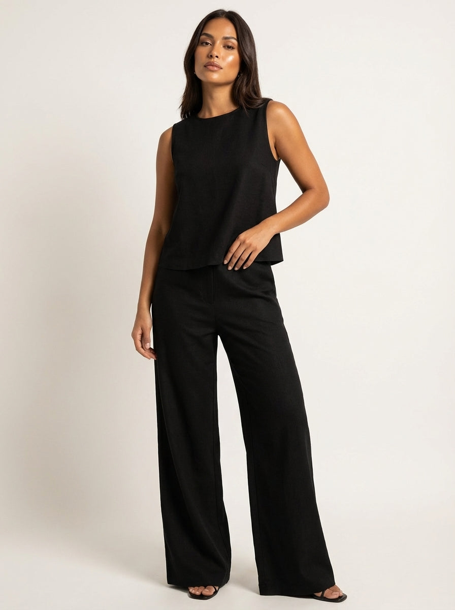 Ensemble Femme Lin | Pantalon Jambe Large, Haut Sans Manches | Respirant