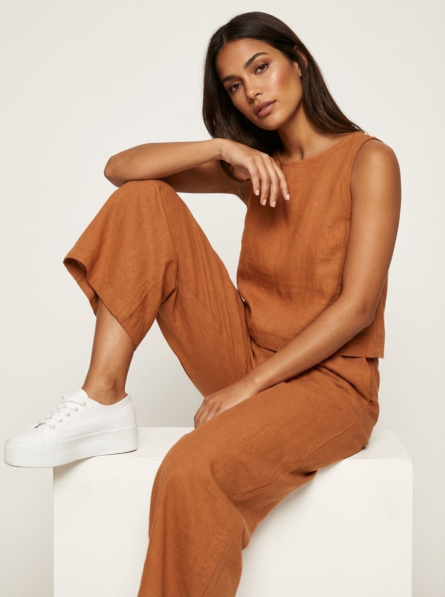 Ensemble Femme Lin | Pantalon Jambe Large, Haut Sans Manches | Respirant