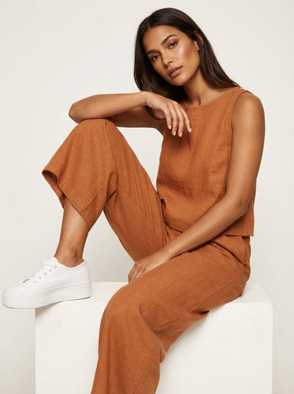 Ensemble Femme Lin | Pantalon Jambe Large, Haut Sans Manches | Respirant